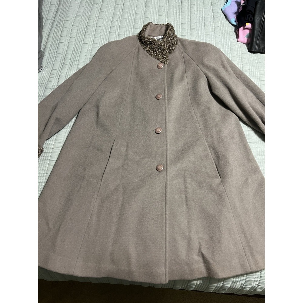 VTG Leslie Fay Taupe Gray 100% Wool Trench Swing Coat Faux Fur Trim Winter Sz 10